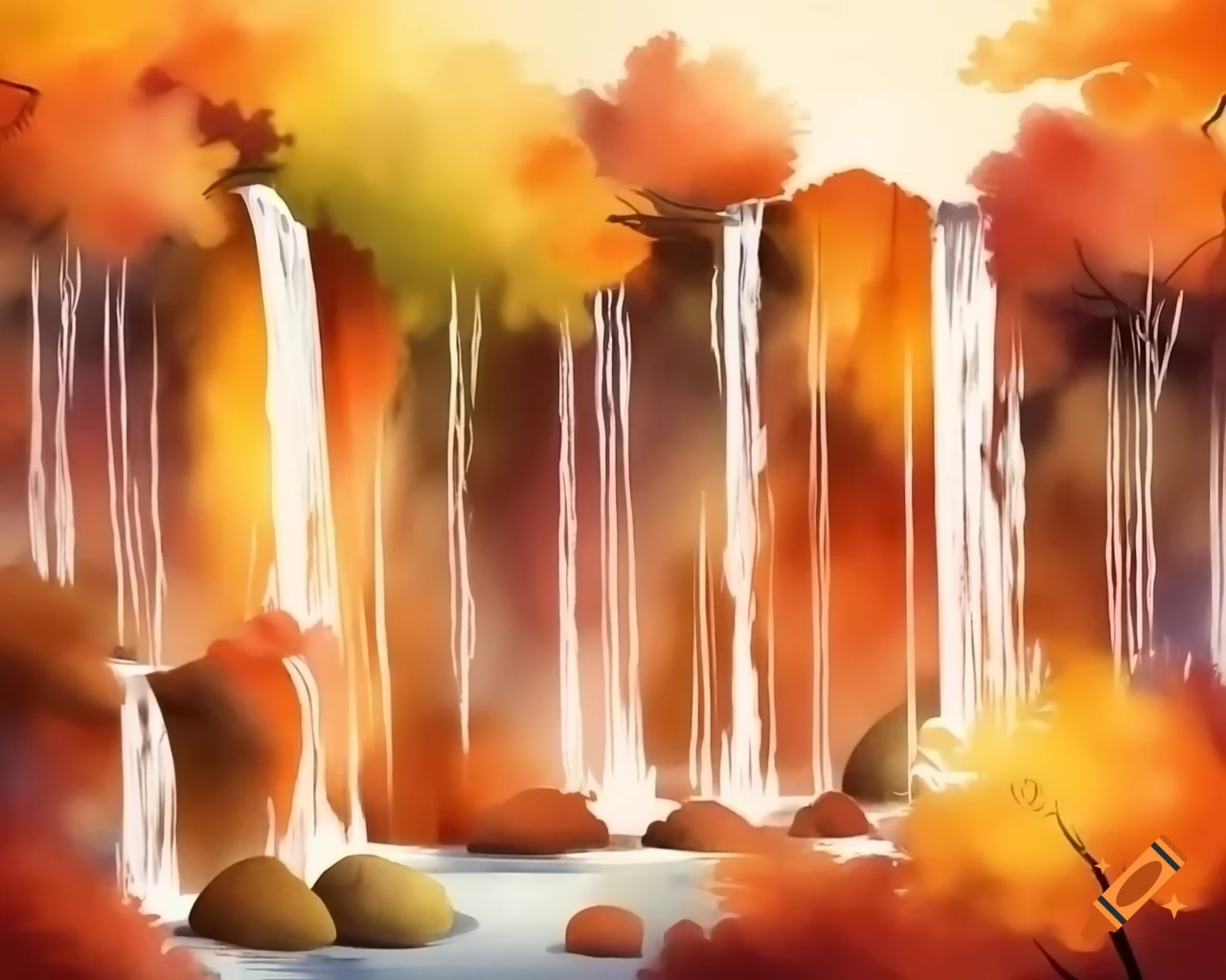 Autumn bushes in watercolor shades of amber, orange, gold, and bronze in storybook style