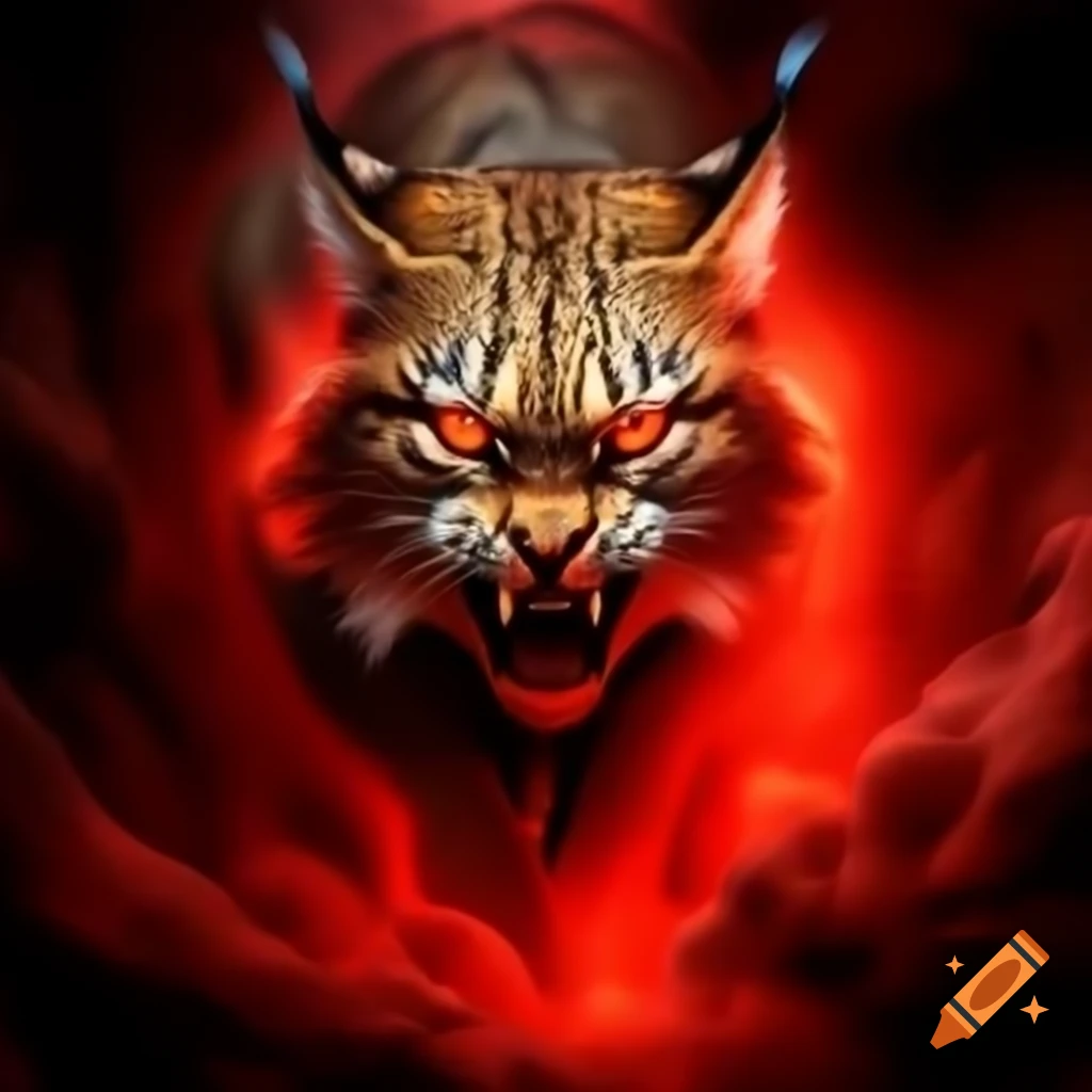 Lynx face emerging from red mist with glowing eyes