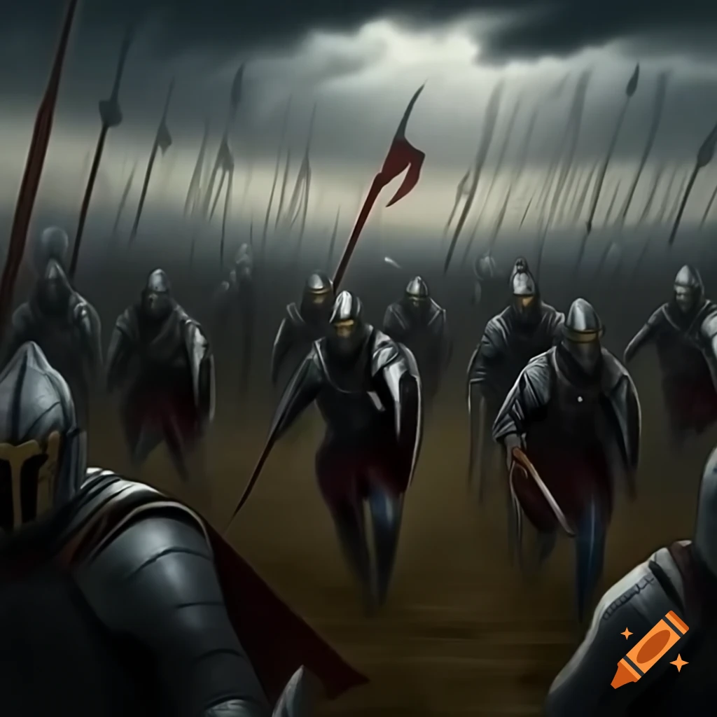 Monstrous war dogs running in war-torn field with knights guarding, oil painting