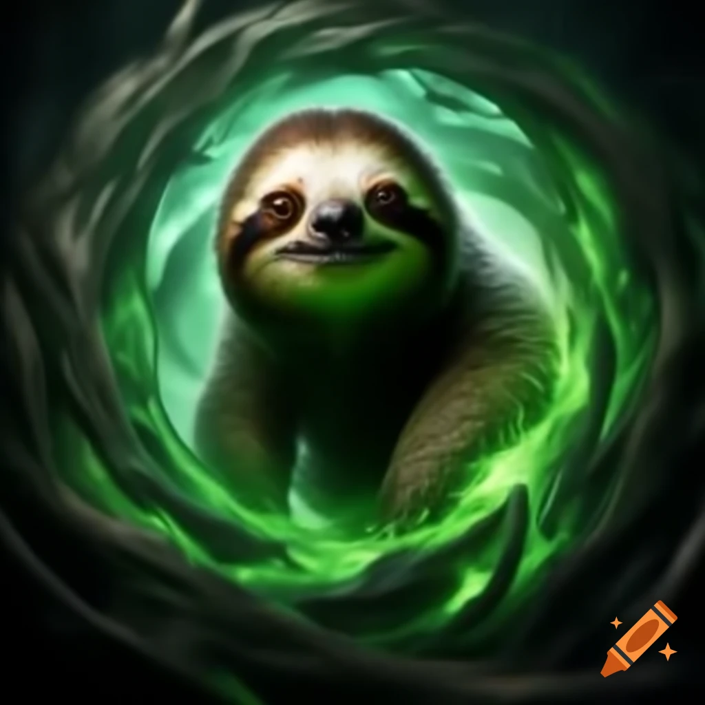 Sloth emerging from green vortex portal with expressive eyes