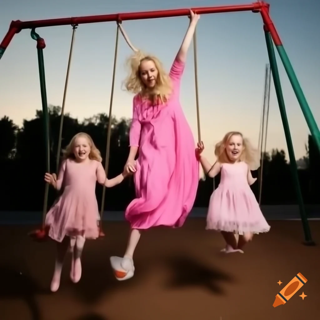 Carefree woman in pink dress swinging joyfully in playground