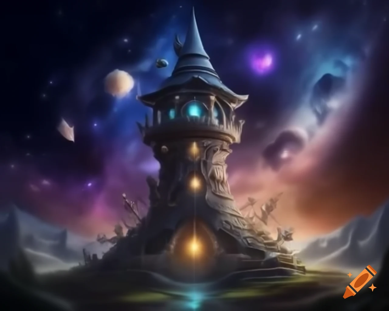 Magical wizard tower featuring cosmos details