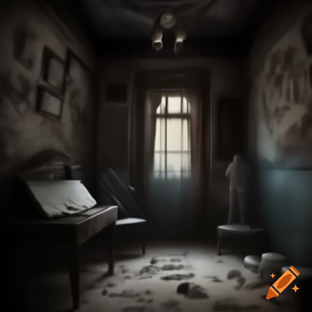 Scary house room with demonic drawings on walls
