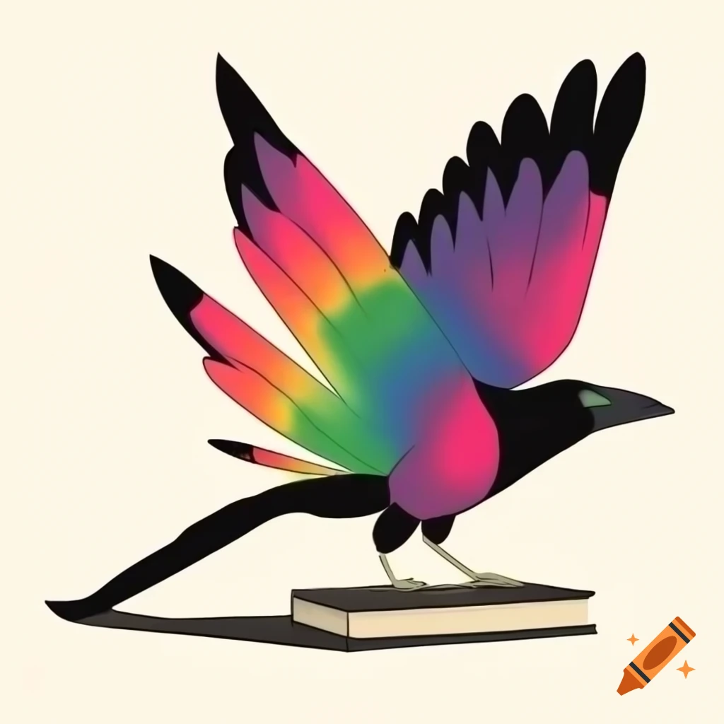 Abstract cyberpunk magpie with rainbow wings and green eyes perched on a book
