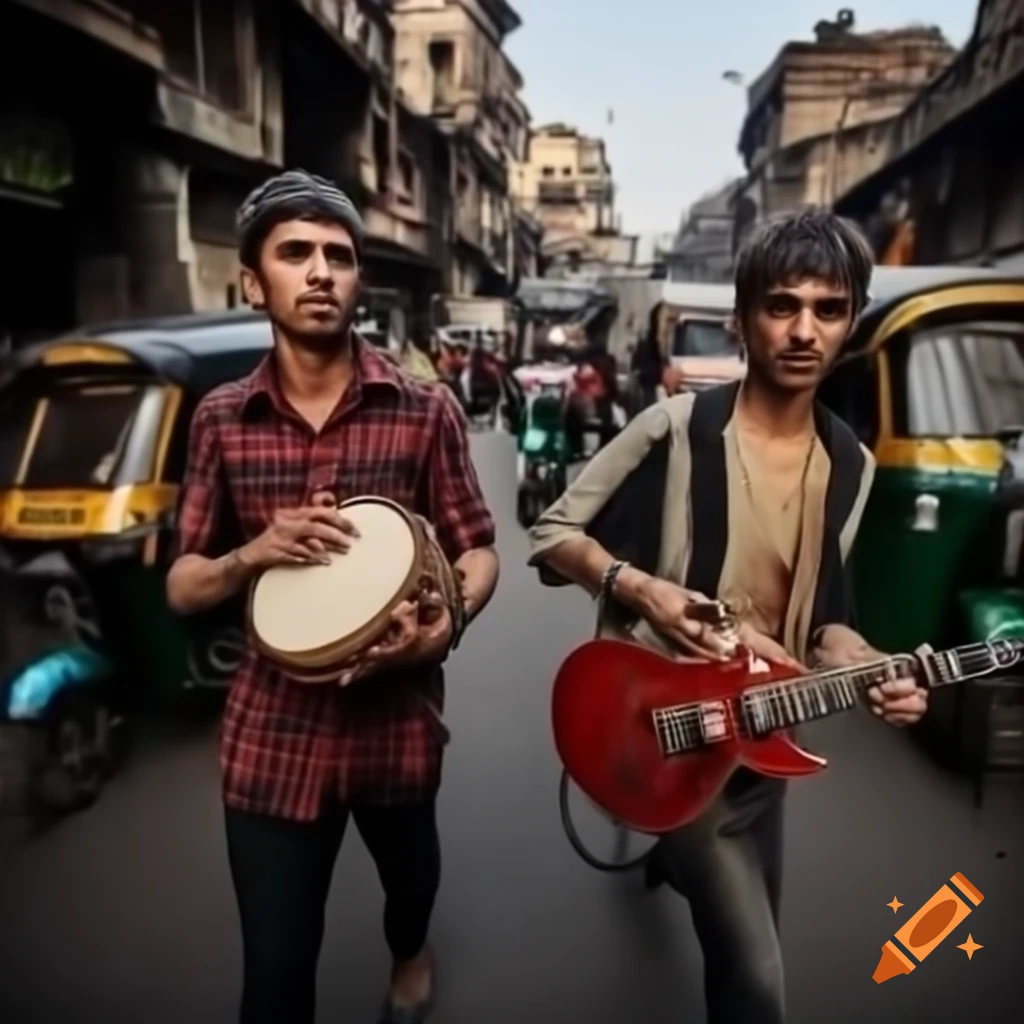 Liam Gallagher performing at street market concert in New Delhi with Indian architecture and rickshaws