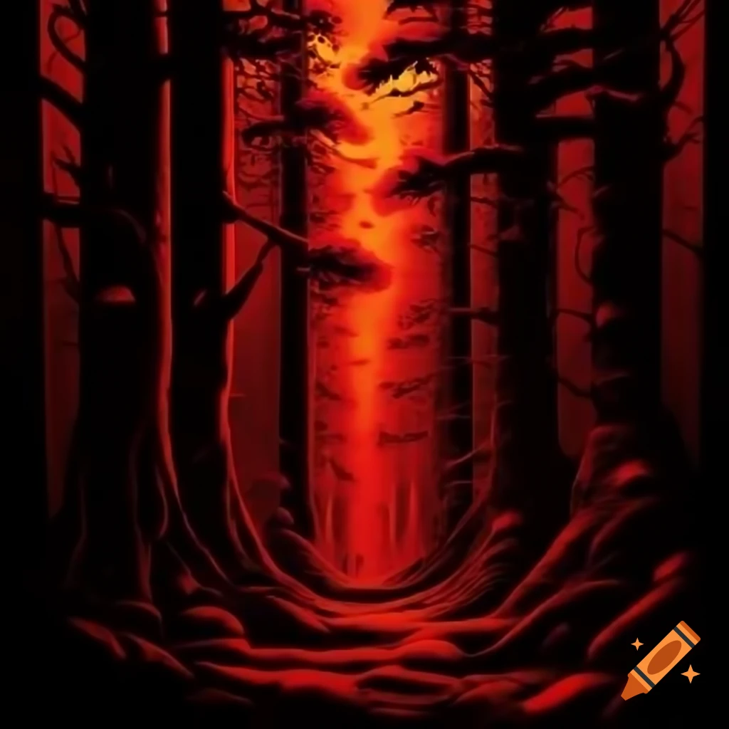 Psychedelic depiction of a dark forest with red and black hues