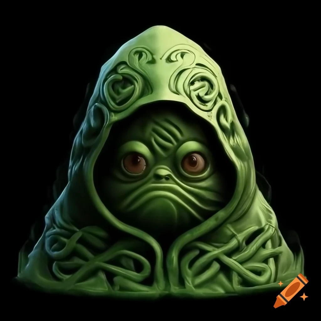 Green hooded Celtic pattern cloak slime creature in full figure