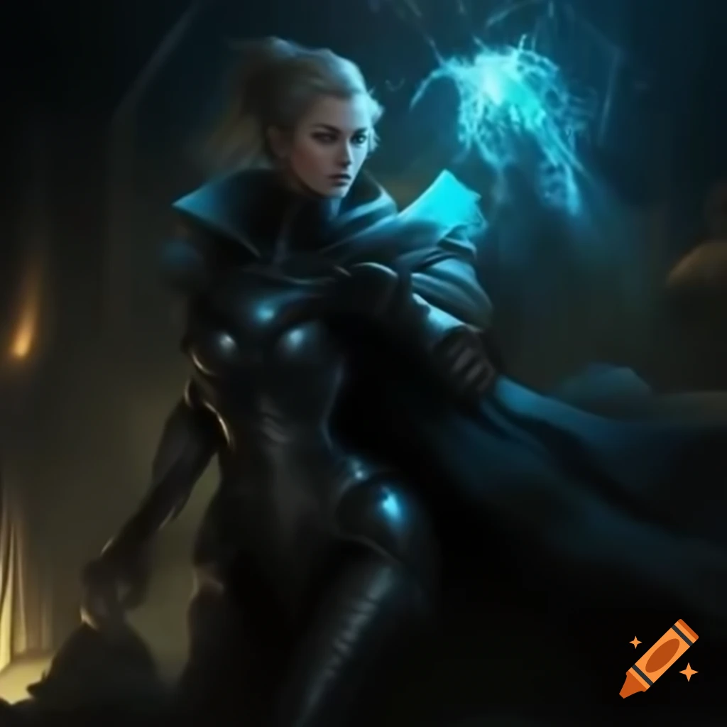 Cyborg warrior in dark armor amidst neon metropolis light