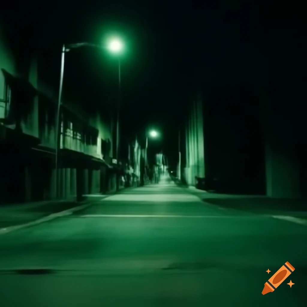 Empty suburban streets at night with eerie green overlay