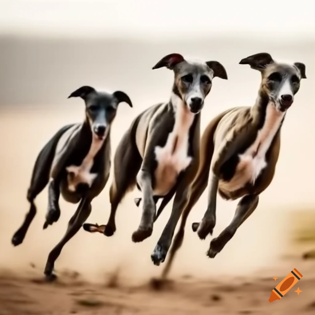 Three greyhound dogs running together