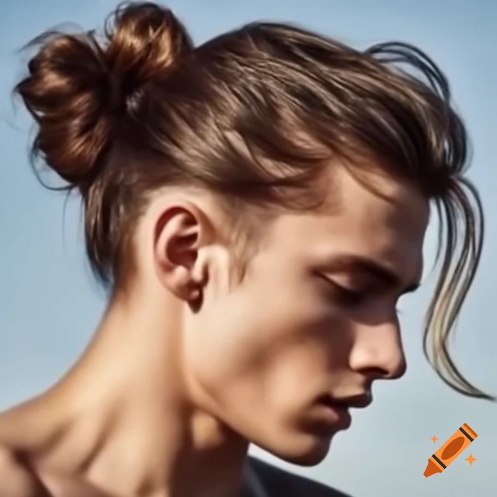 Young male with curly hair in ponytail and athletic build