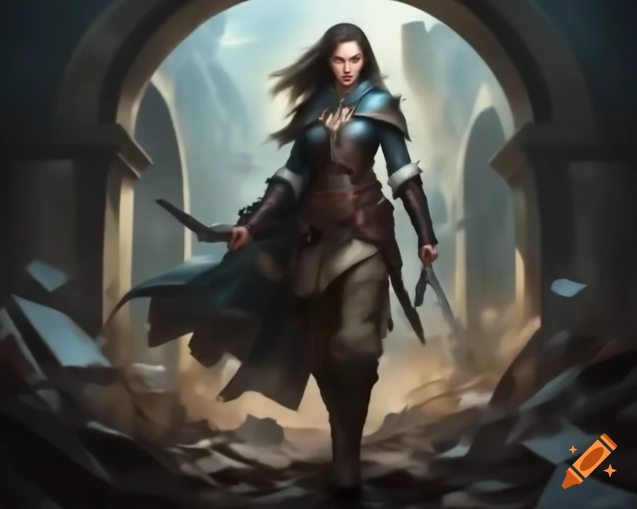 Adventurer in leather doublet entering Alexandria's Ancient Library through archway