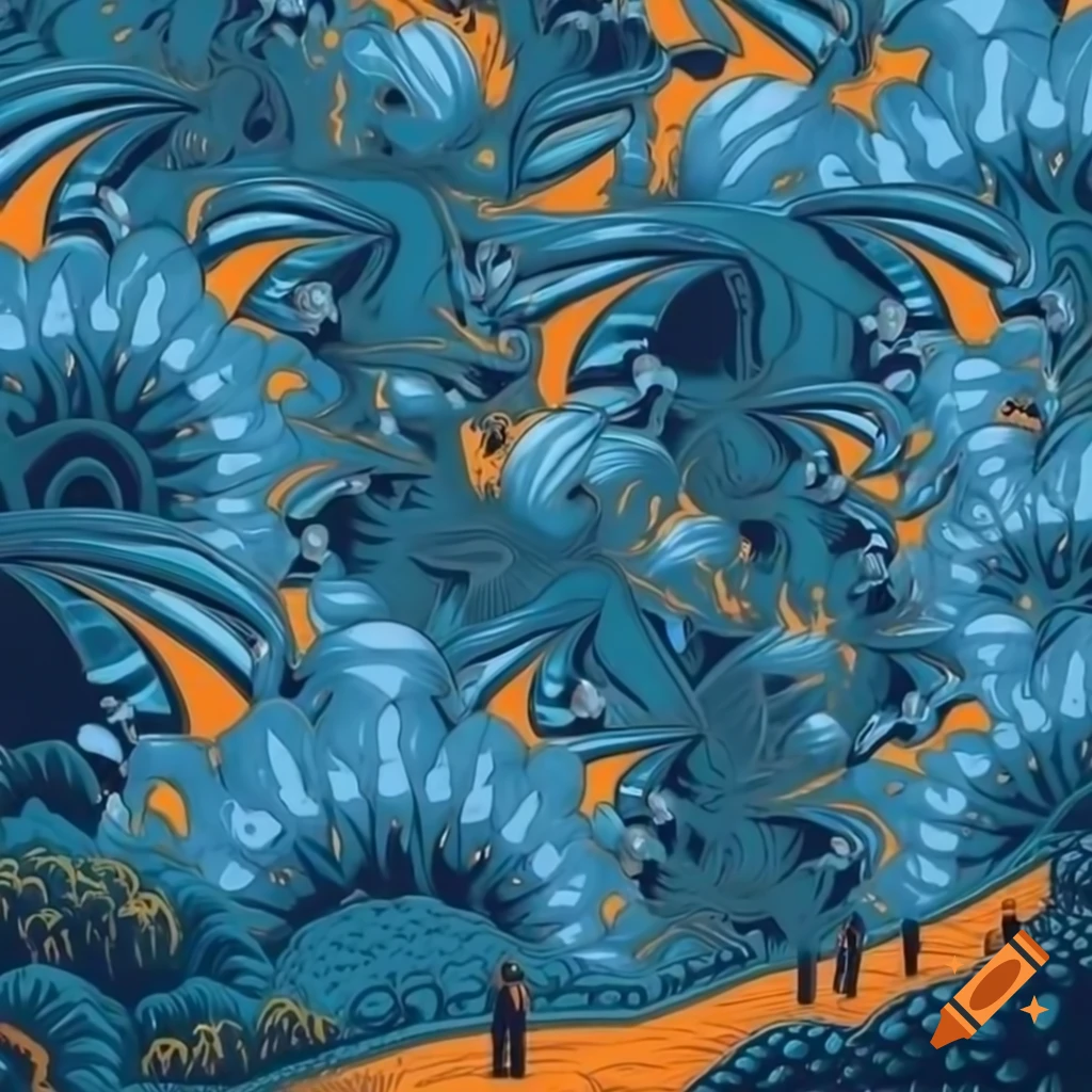 Surrealist nature landscape with people, detailed fractal patterns and bright colors