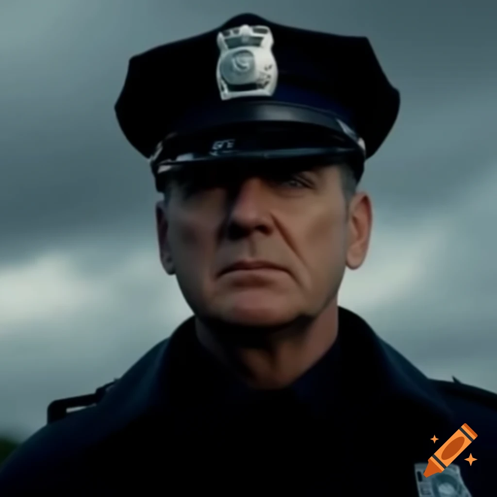 Police officer with short black hair wearing a cap against cloudy background