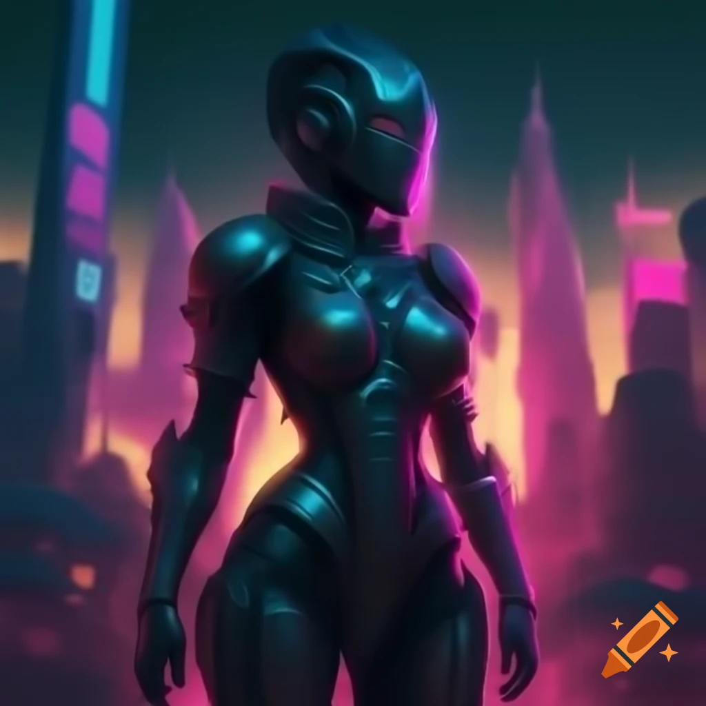 Futuristic warrior in cyborg armor in neon cityscape