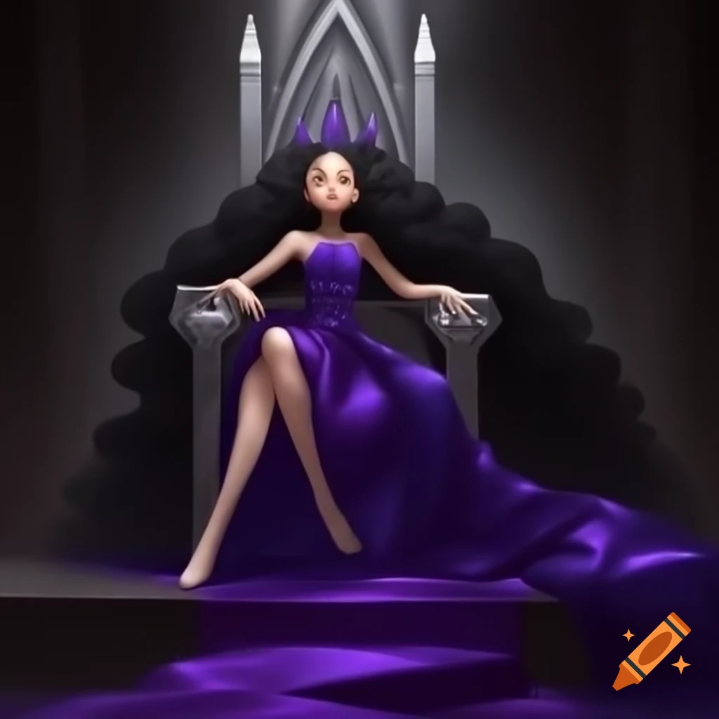 Young empress with black hair on silver throne in royal purple silk dress