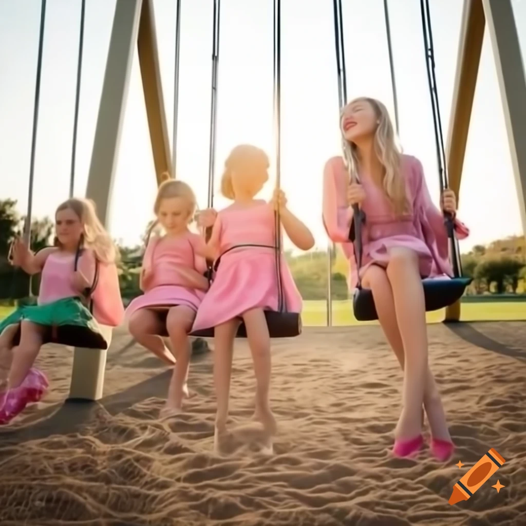 Carefree woman in pink dress on swing in playground, exuding joy
