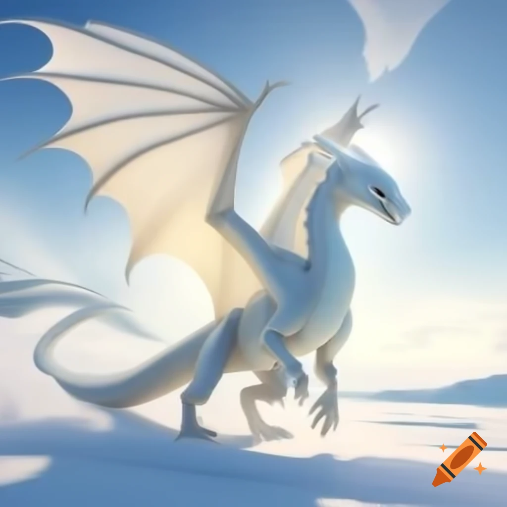 Majestic white dragon surveying ice plains under winter sun