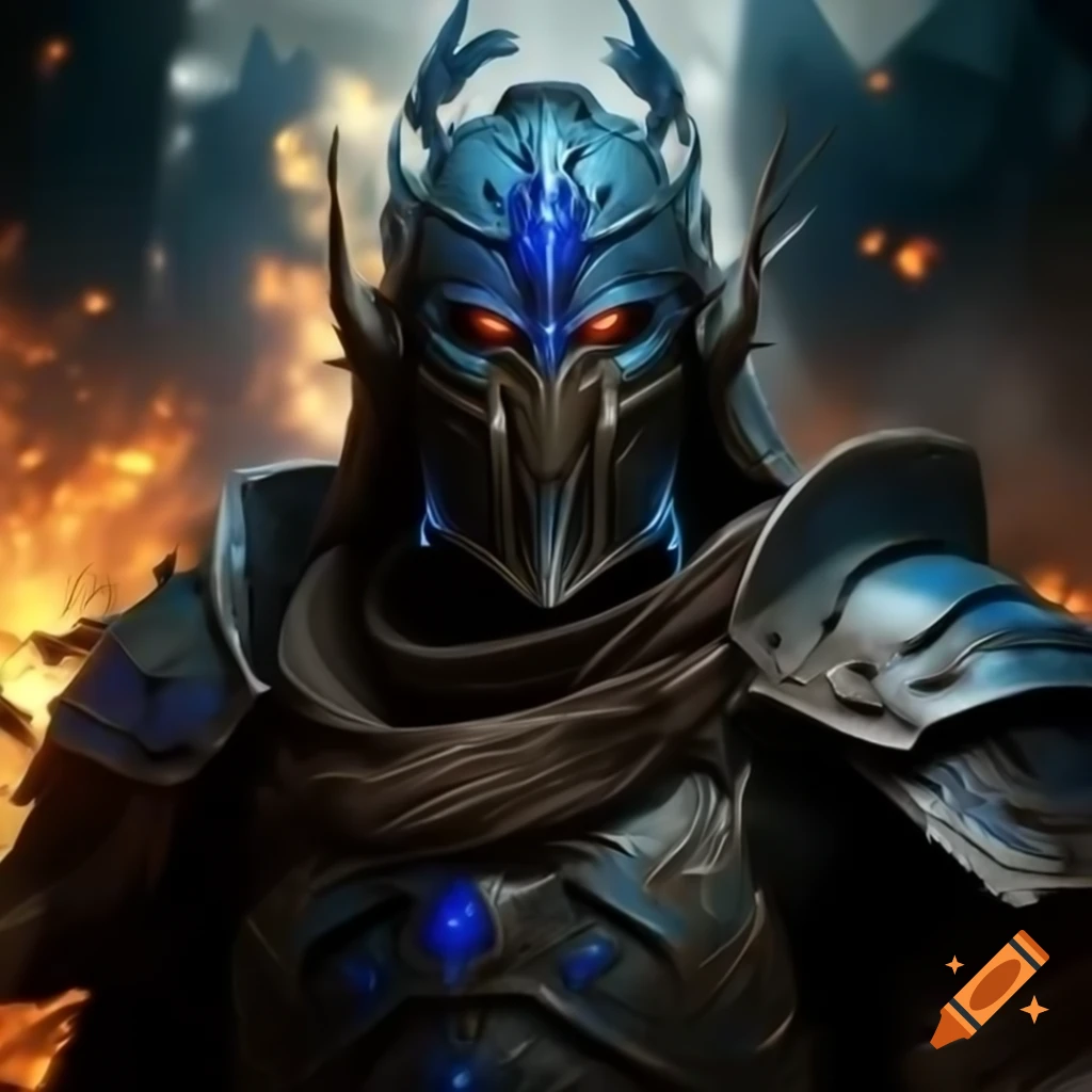 Bioluminescent warrior in cobalt armor firing lasers on fantasy battlefield