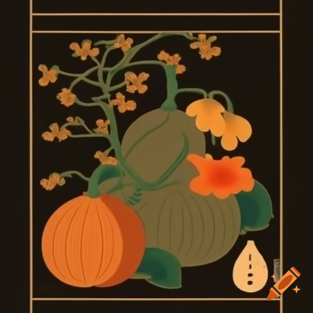 Traditional Japanese art featuring gourd flowers