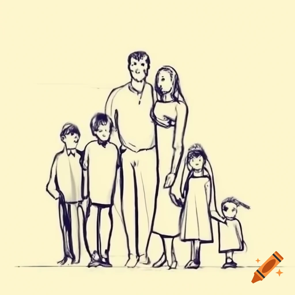 Sketch of a family with husband, wife, and four children viewed from the back