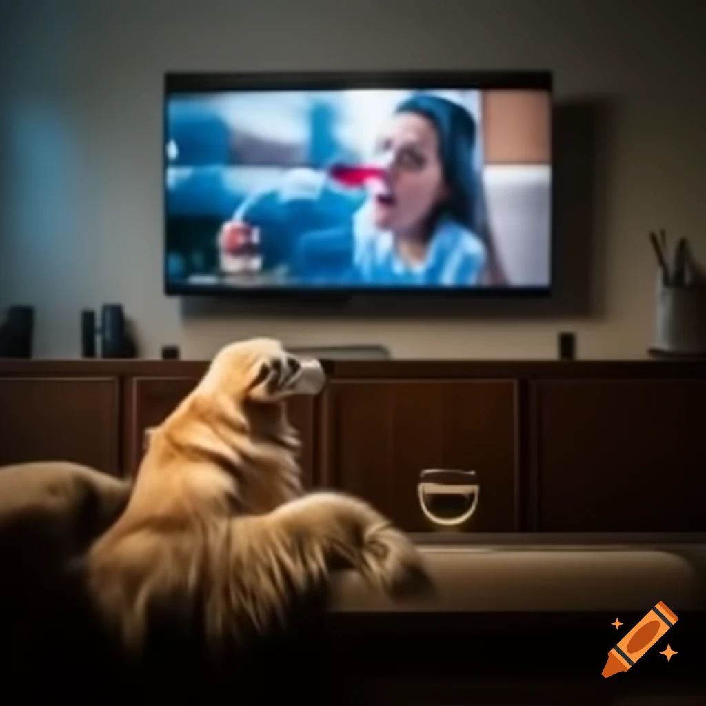 Golden retriever sitting on couch watching movie on television