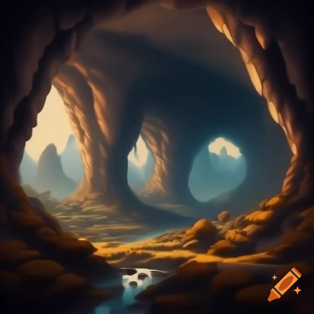 Realistic HD pixel art of underground brown cave landscape