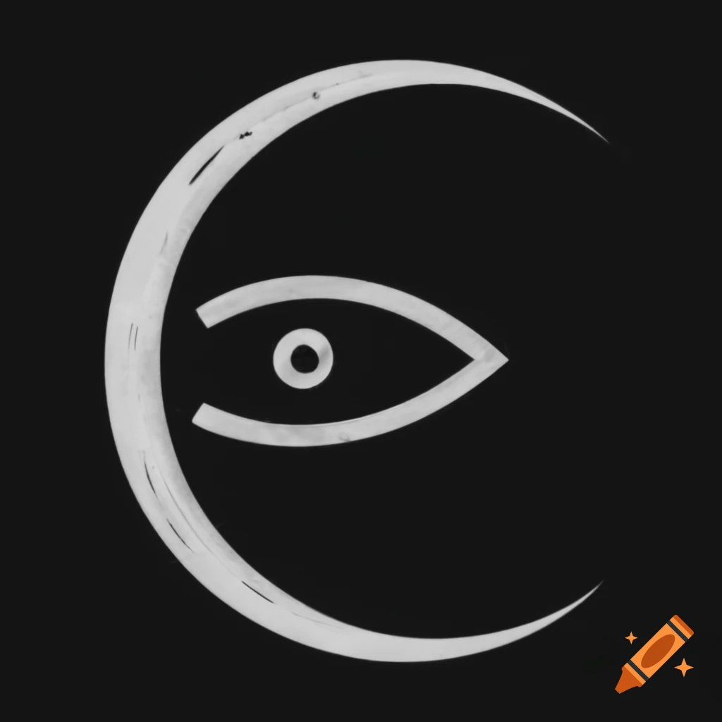Crescent moon symbol with eye in center, white on black background