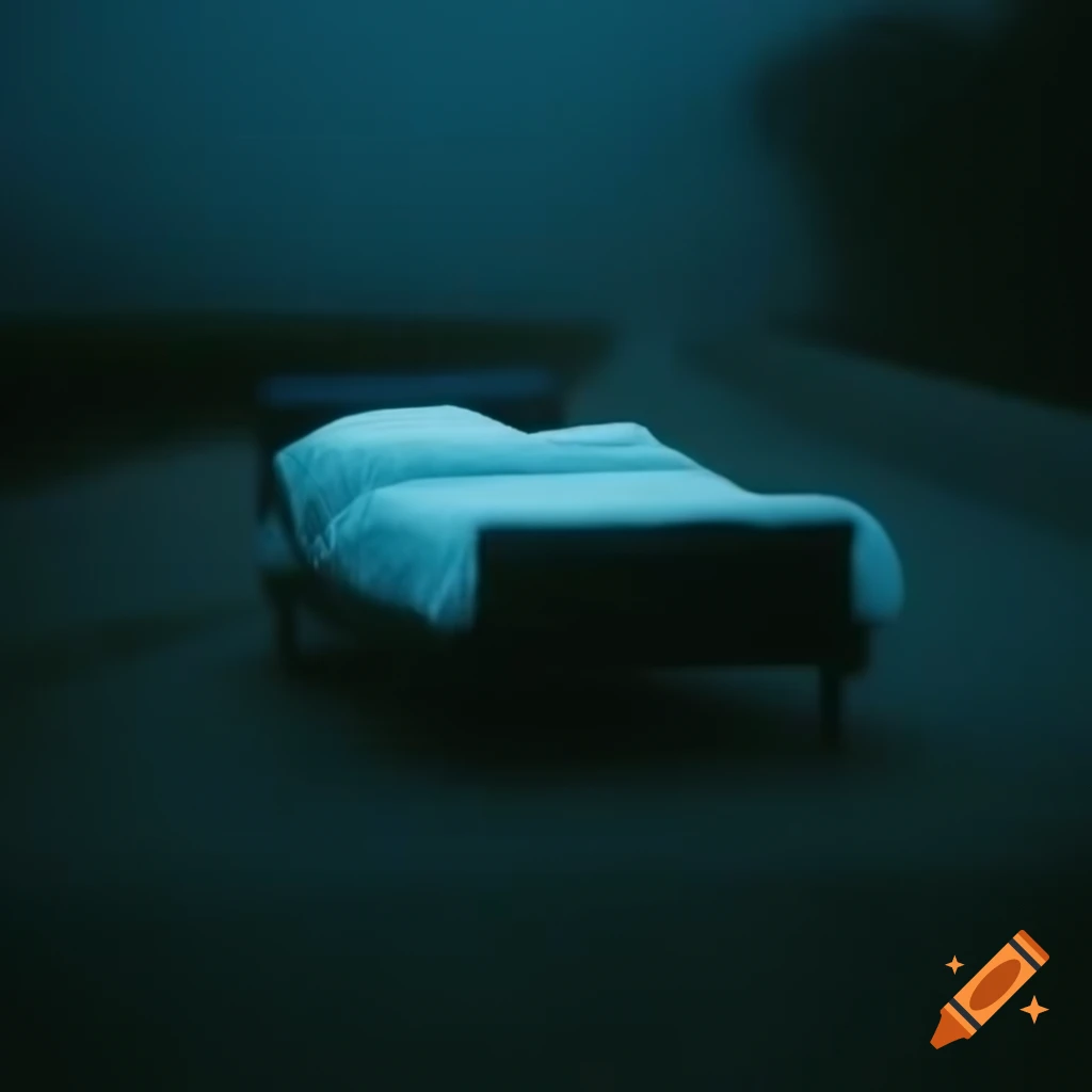 Bed placed on a foggy road at midnight