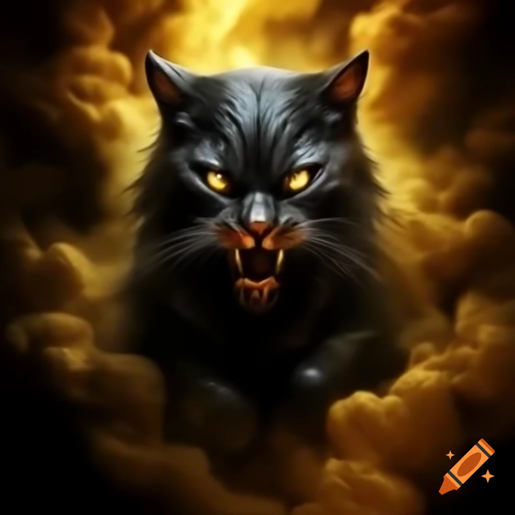Shadowy feline visage in gold mist with angry gleaming eyes