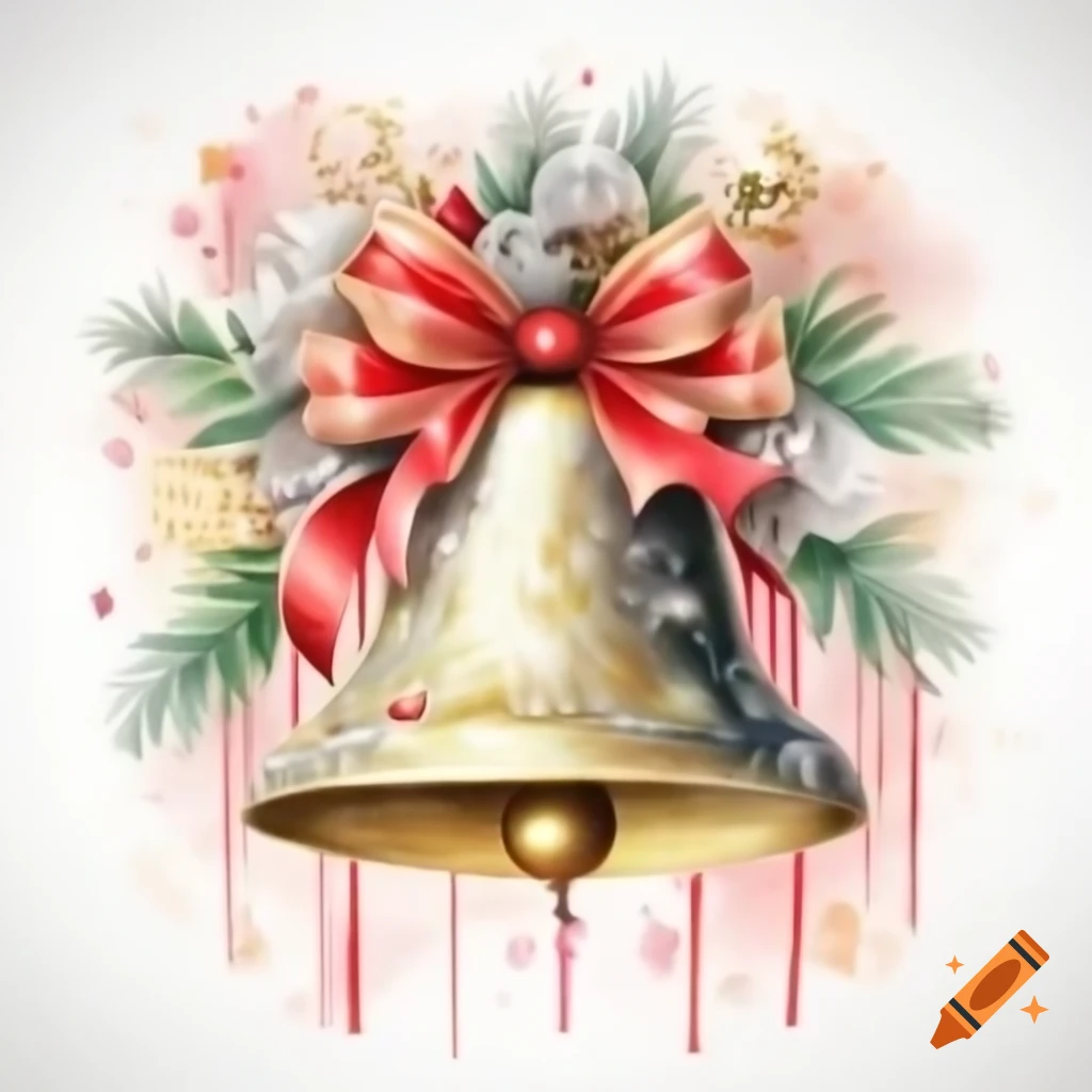 Sparkling Christmas bell with ribbons and roses in watercolor storybook style