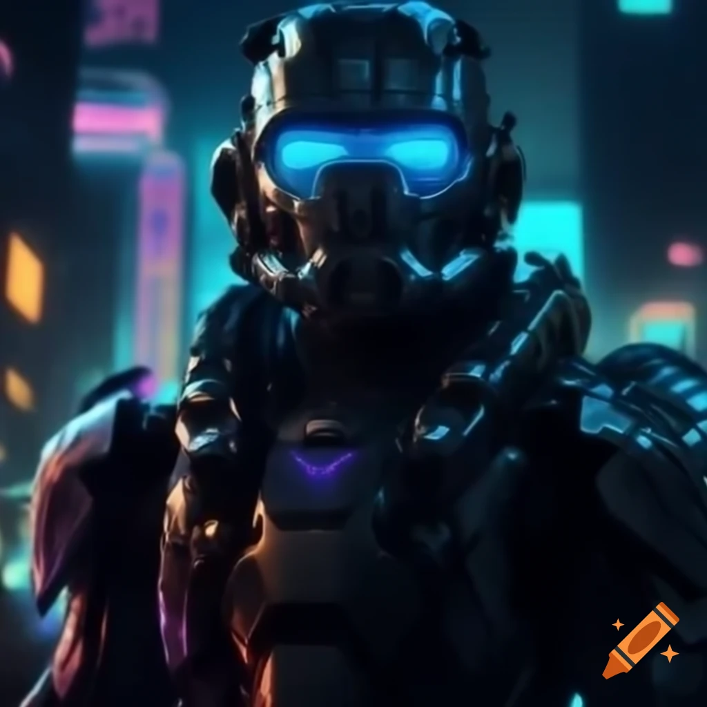 Cybernetic soldier in midnight armor silhouetted against iridescent cityscape