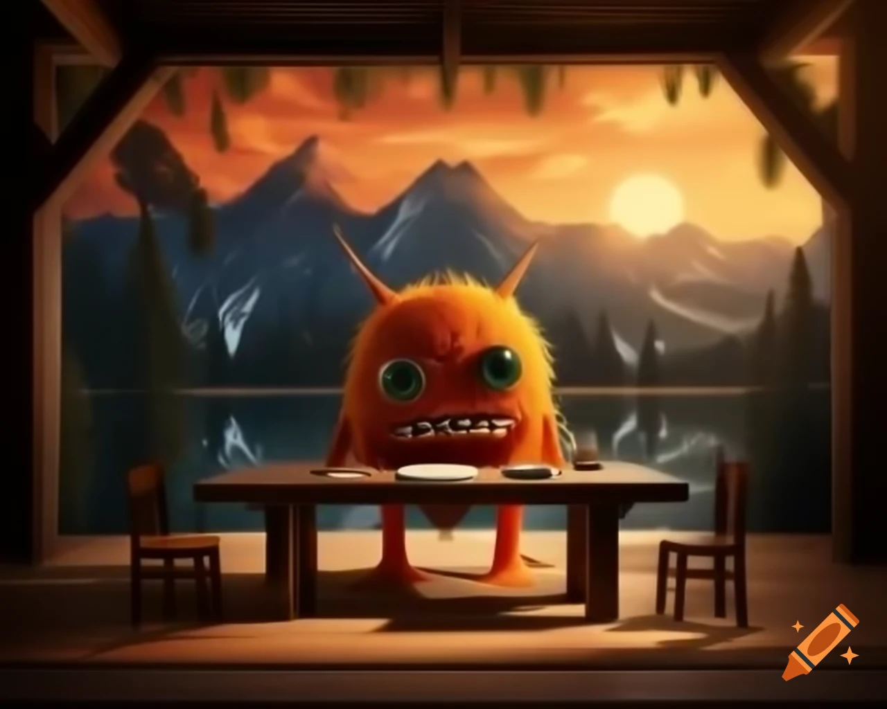 Hyper-realistic depiction of orange tree monster with human face in contemporary forest setting
