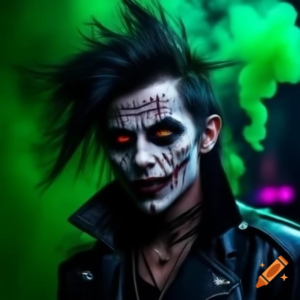 Psychedelic punk rock vampire with messy hair and face piercings against green smoke backdrop