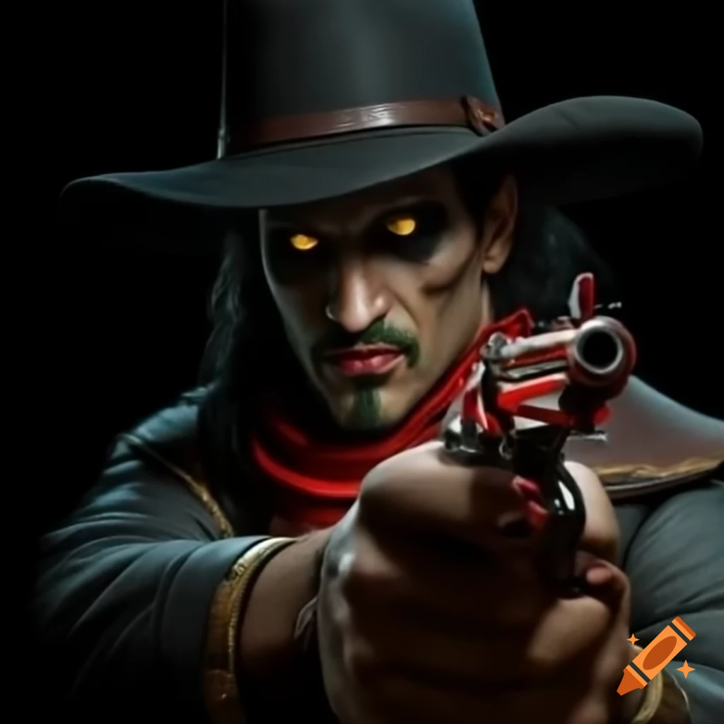Vampire cowboy wearing black hat holding red and gold revolver