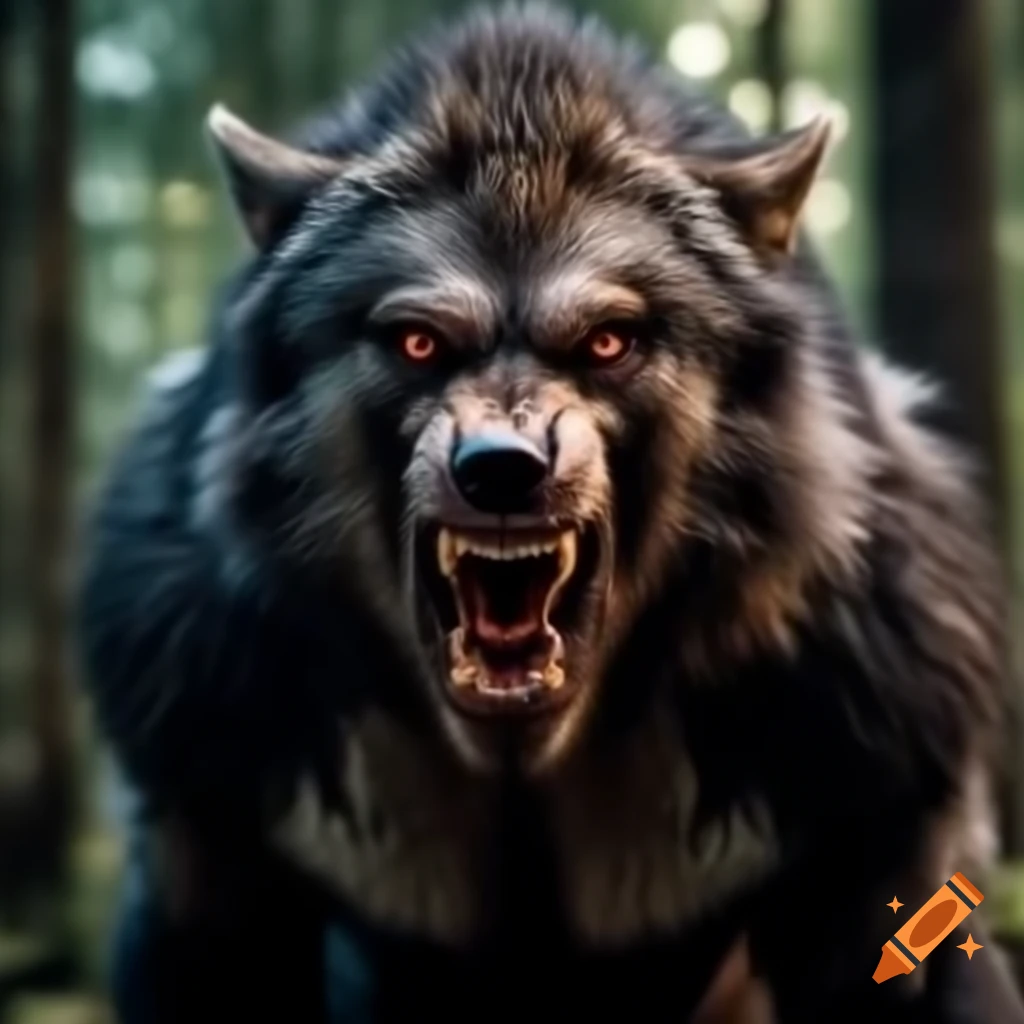 Cinematic werewolf in a dark forest setting