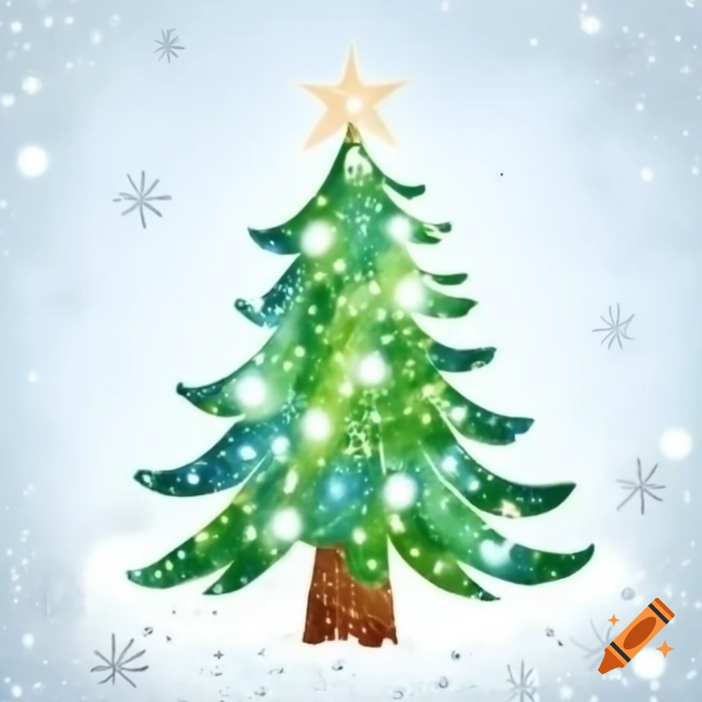 Sparkling Christmas poinciana tree with snowflakes in watercolor storybook style