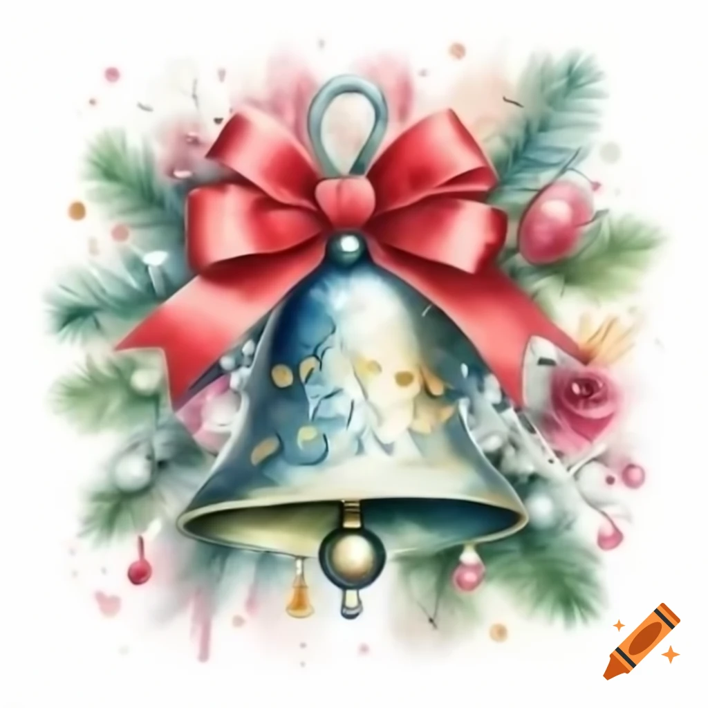 Sparkling Christmas bell with ribbons and roses in watercolor storybook style