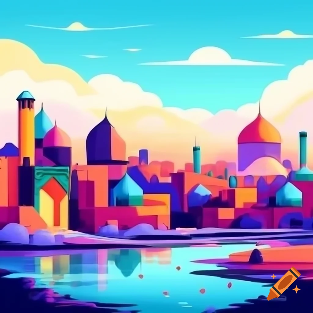 Abstract watercolor painting of Shiraz city skyline