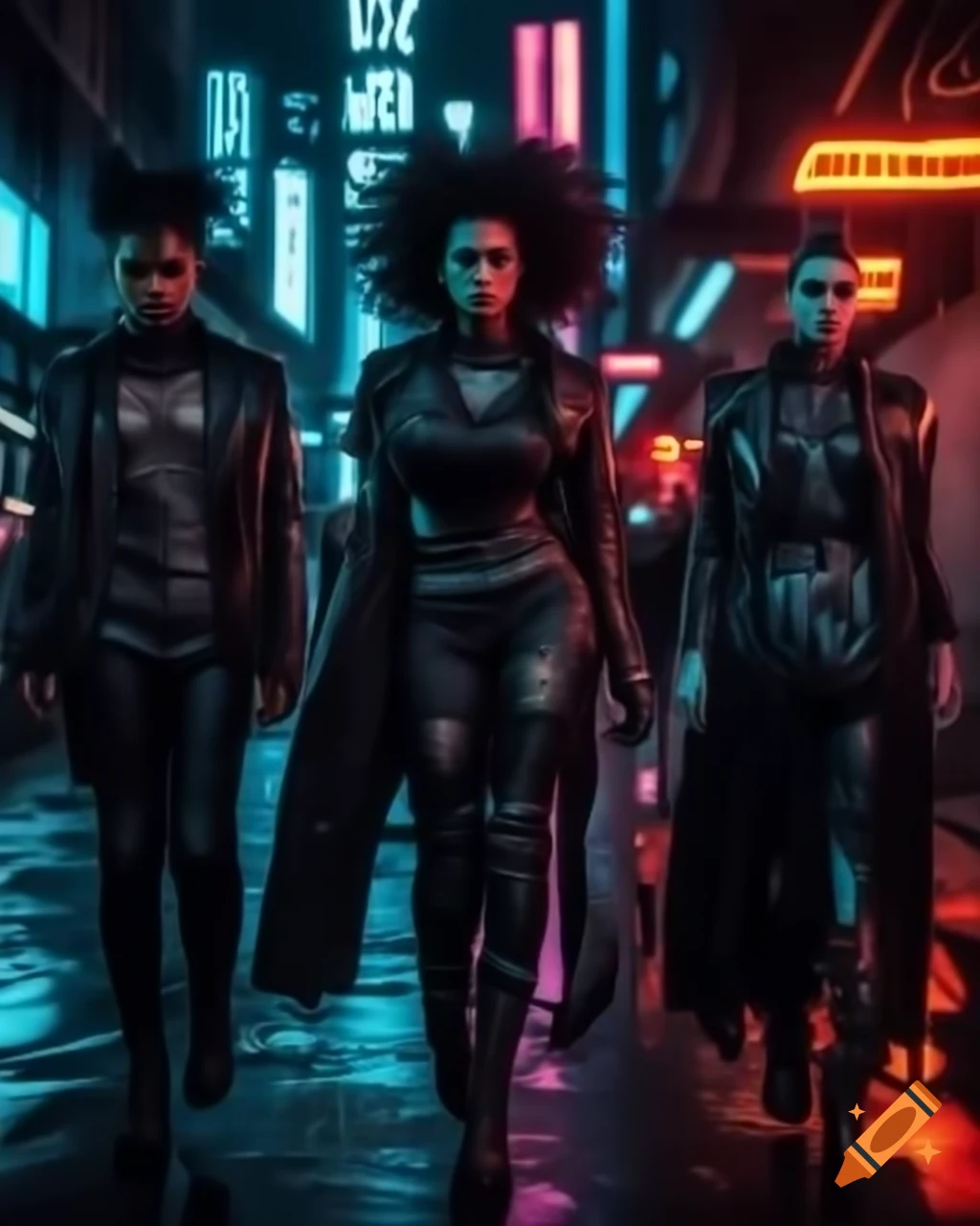 Queer models in dark fashion pose in neon-lit urban streets