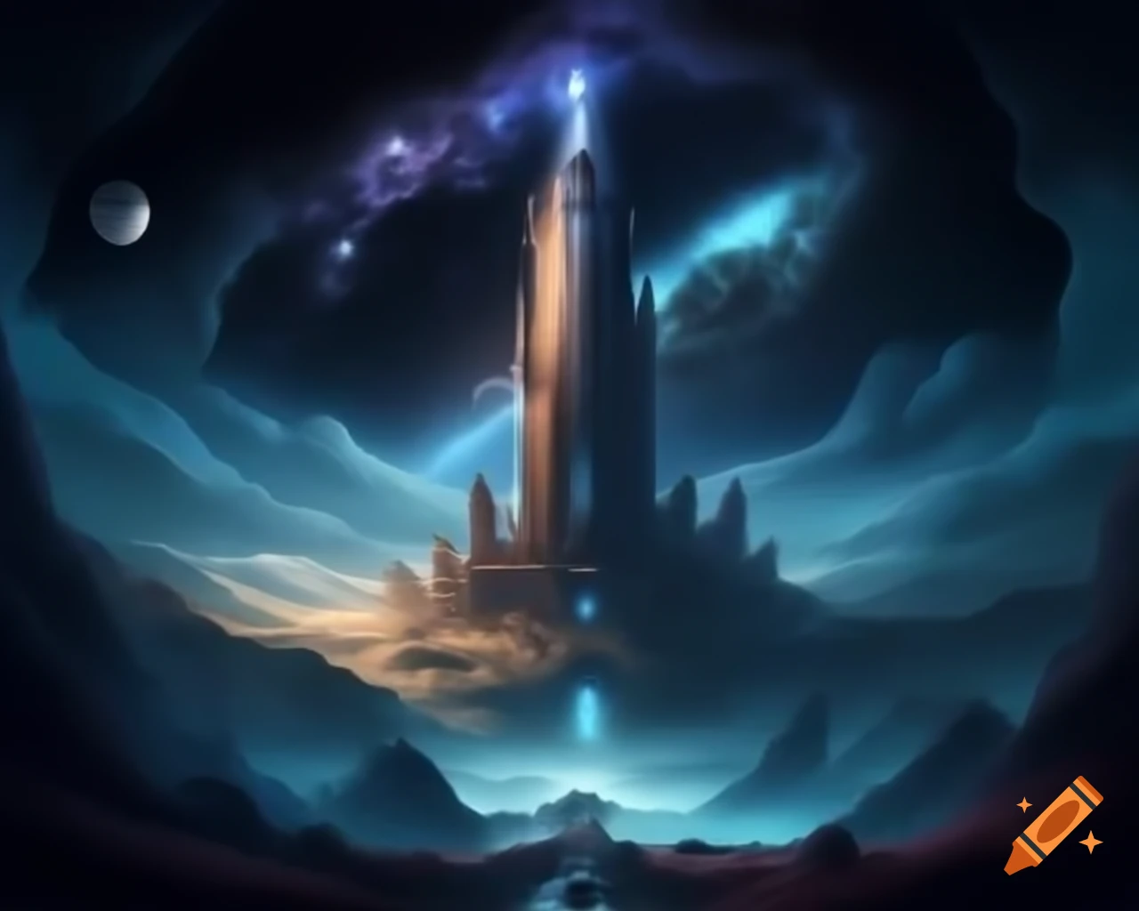 Majestic tower observatory on floating cliff in cosmic realm