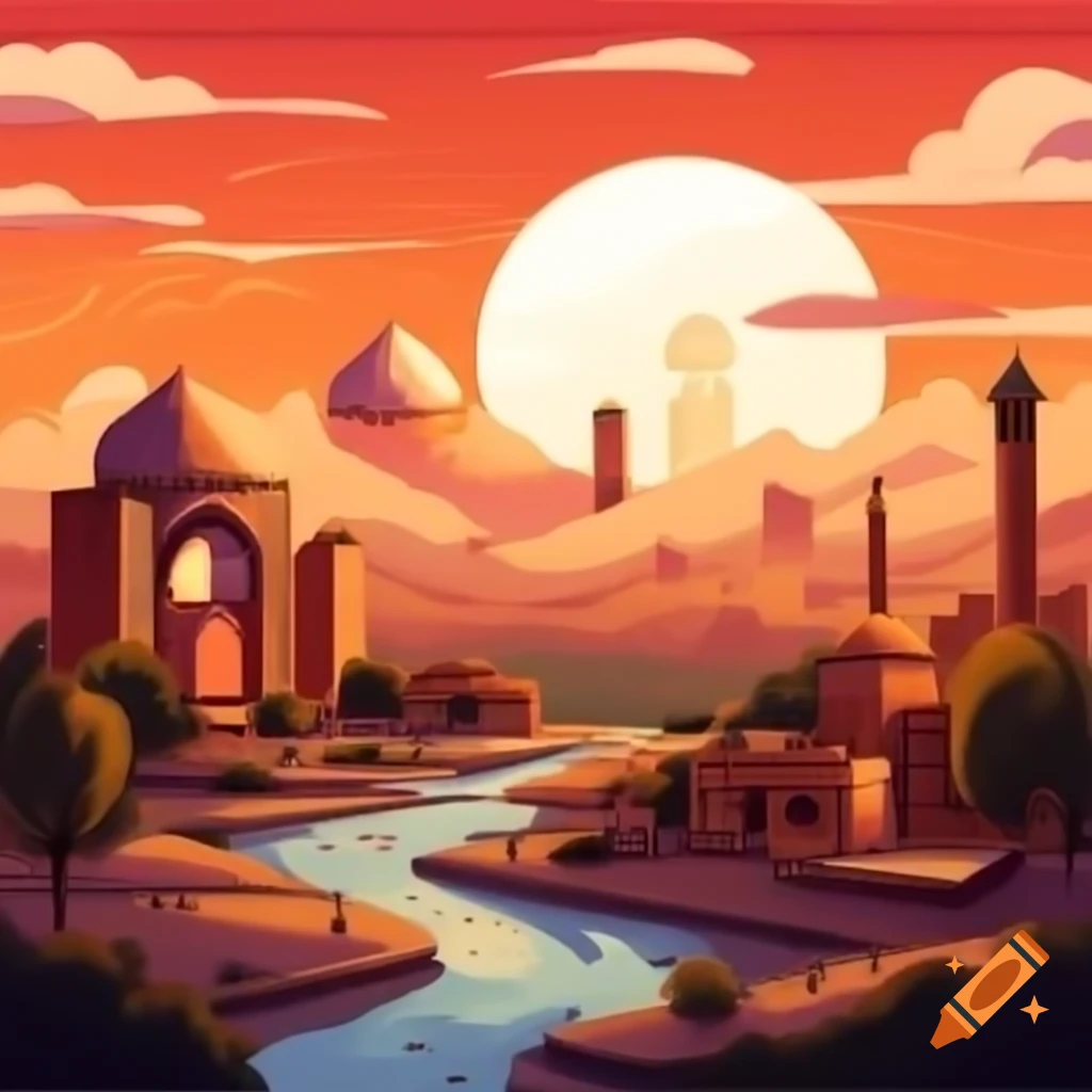 Shiraz city skyline at sunrise in painterly style