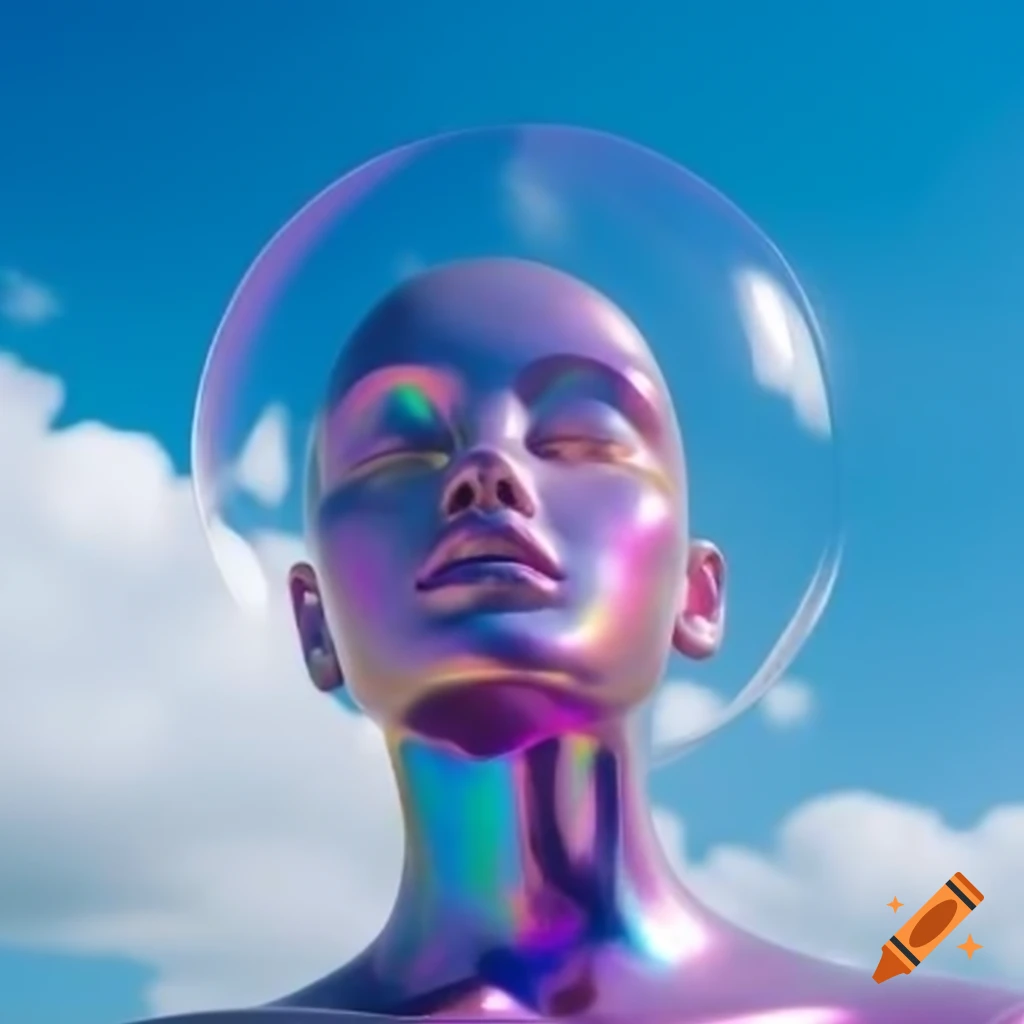 Iridescent statue in bright sky, pop surrealism style