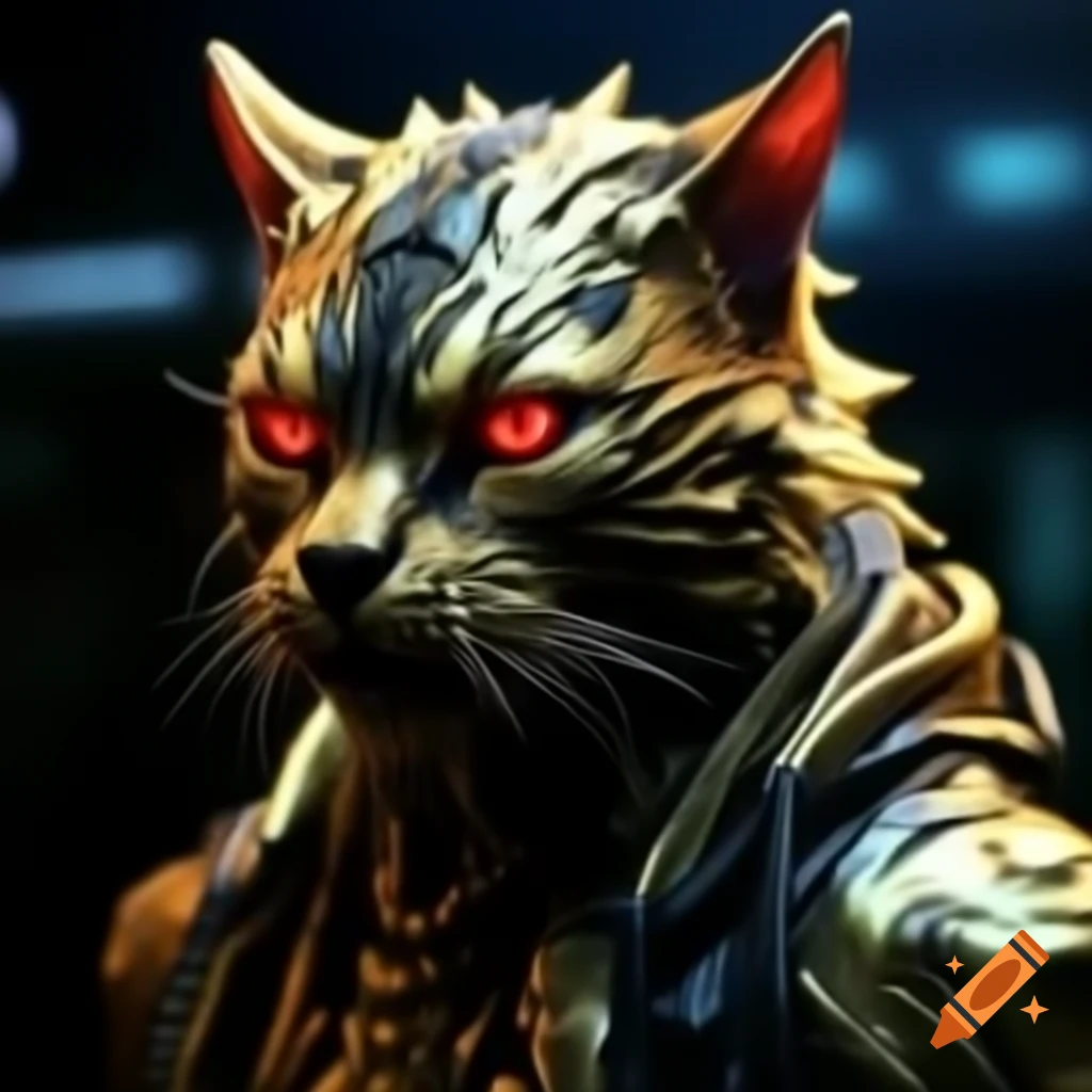 Sinister gold glowing cat deity with red eyes in cyberpunk setting