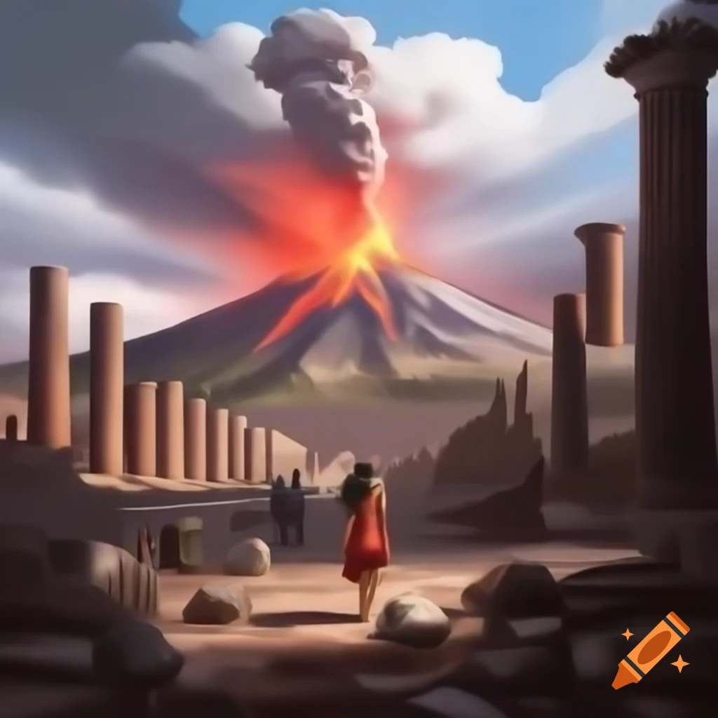 Woman fleeing Pompeii during Mount Vesuvius eruption in painting