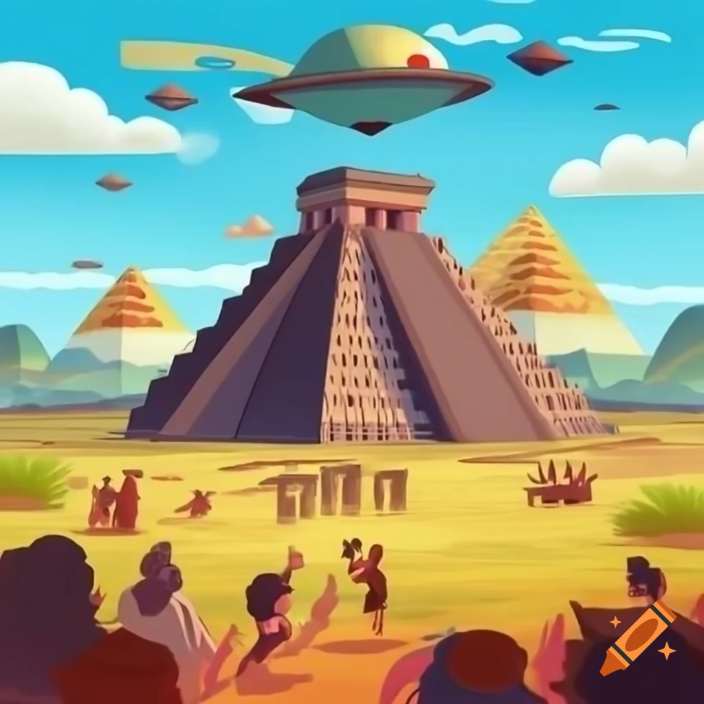 Cartoon depiction of Aztec village and pyramid with UFO abducting people in Invader Zim style