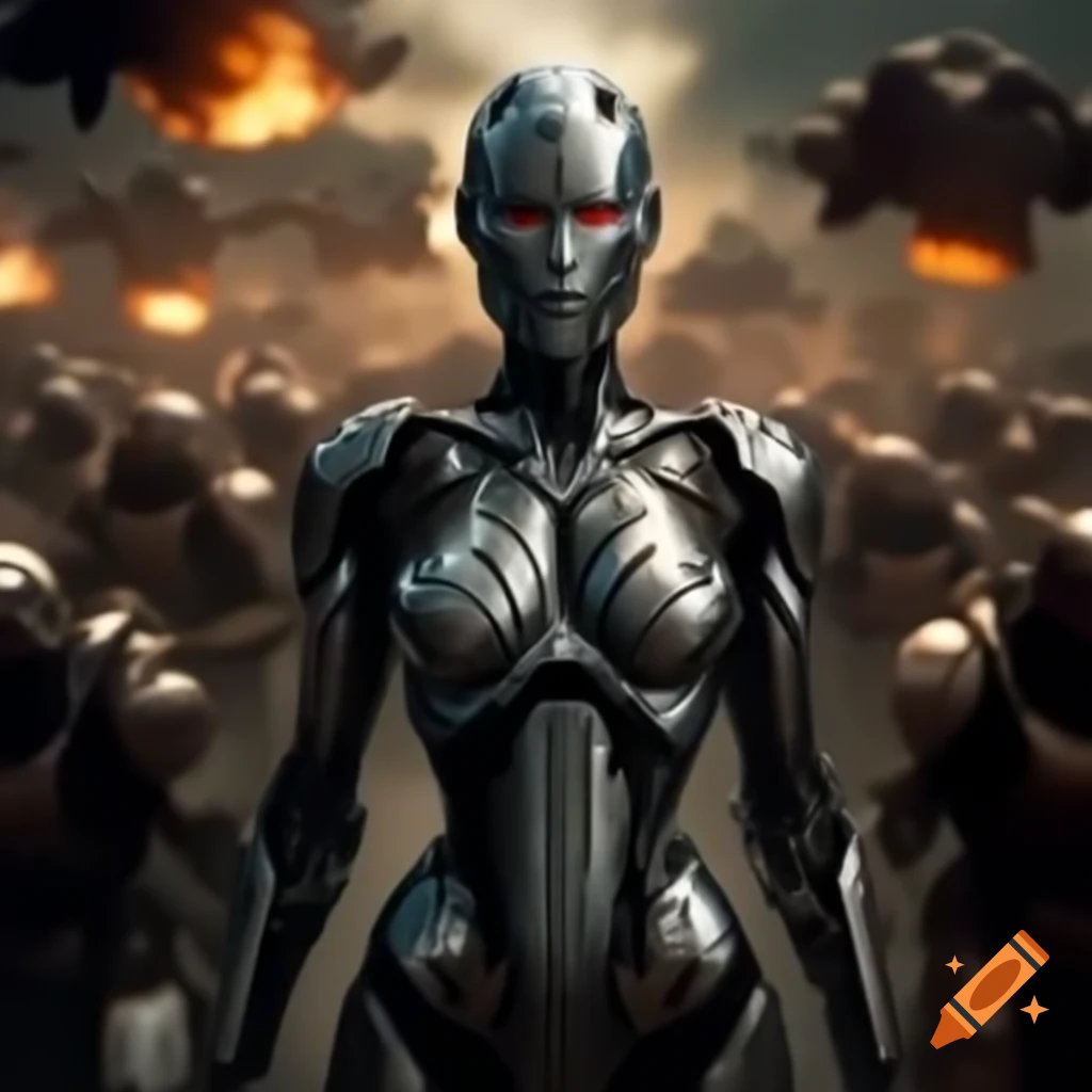 Cyborg warrior in chrome and steel on ravaged battlefield