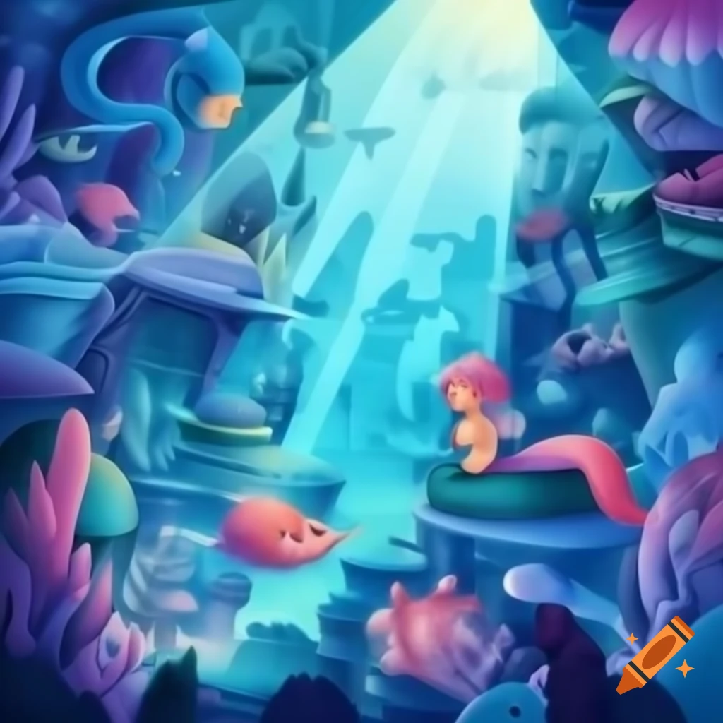 Whimsical underwater city with mermaids and sea creatures