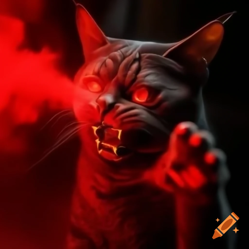 Demonic cat emerging from red mist