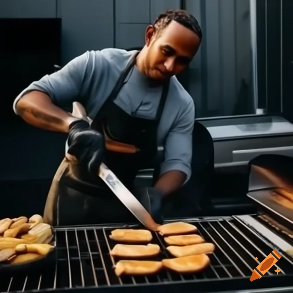 Lewis Hamilton grilling at backyard barbecue with apron